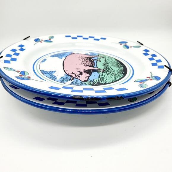Vtg Midwest Importers Barnyard Animals Enamel Pig Checkered Display Metal Plates - Picture 5 of 11